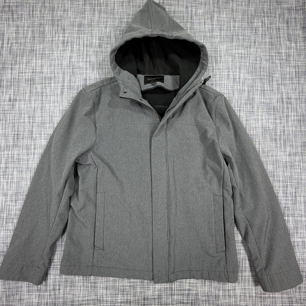 Banana Republic Mens Hooded Softshell Jacket Large Gray Full Zip Stretch Fleece